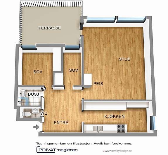 3-D planskisse av leilighet og terrasse. Galleribilde