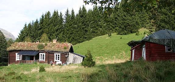 Hytta med bakgrunn mot nordøst. Til høyre sees uthus med delvis sammenbrutt tak. Galleribilde