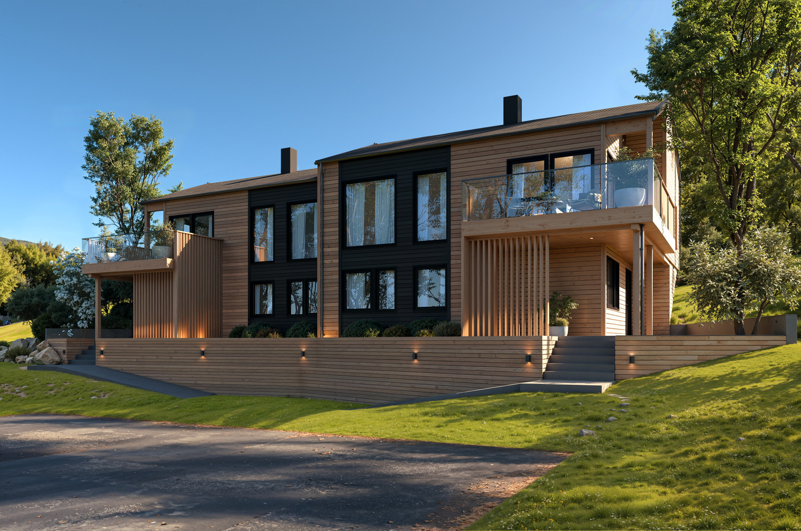 Topp-moderne fasade med lekre løsninger og store vinduer. Dette er en illustrasjon.