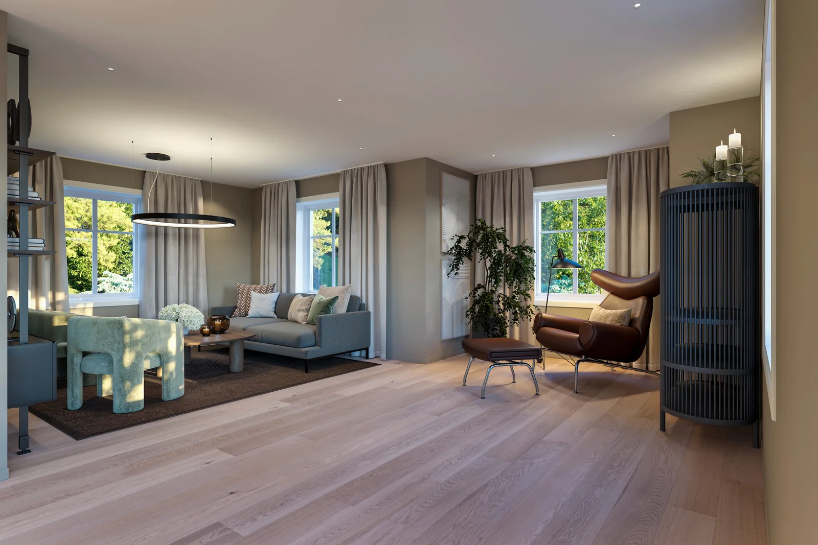 Stue 1. etasje. Alle 3D rendere og annet salgsmateriell er å anse som illustrasjoner og kan avvike fra tekniske tegninger og byggebeskrivelser.