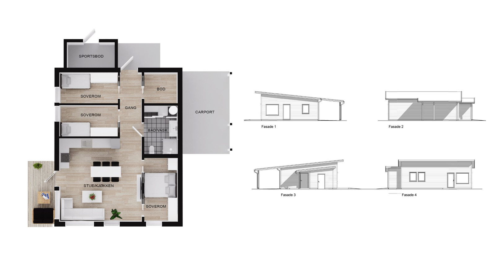 Boligmodell Kvant kan bygges på begge tomtene. Planløsning for bolig m/carport vil tilpasses valgt tomt.