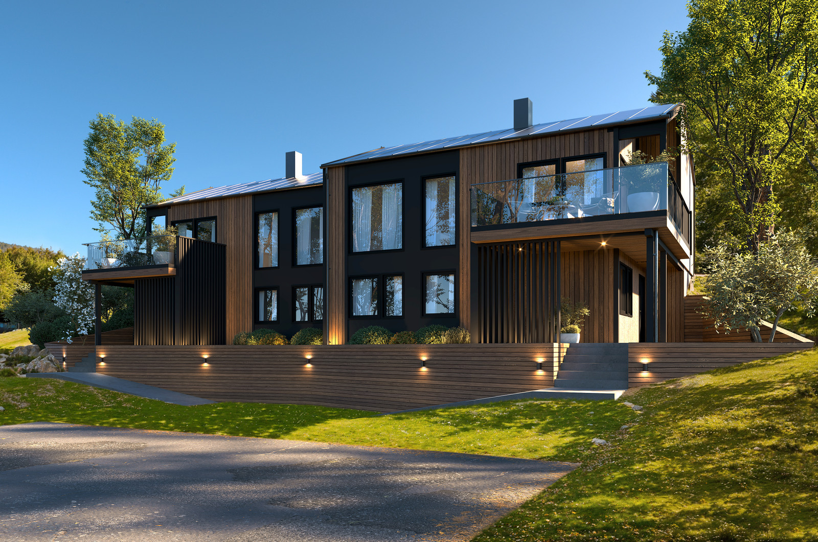 Topp-moderne fasade med lekre løsninger og store vinduer. Dette er en illustrasjon.