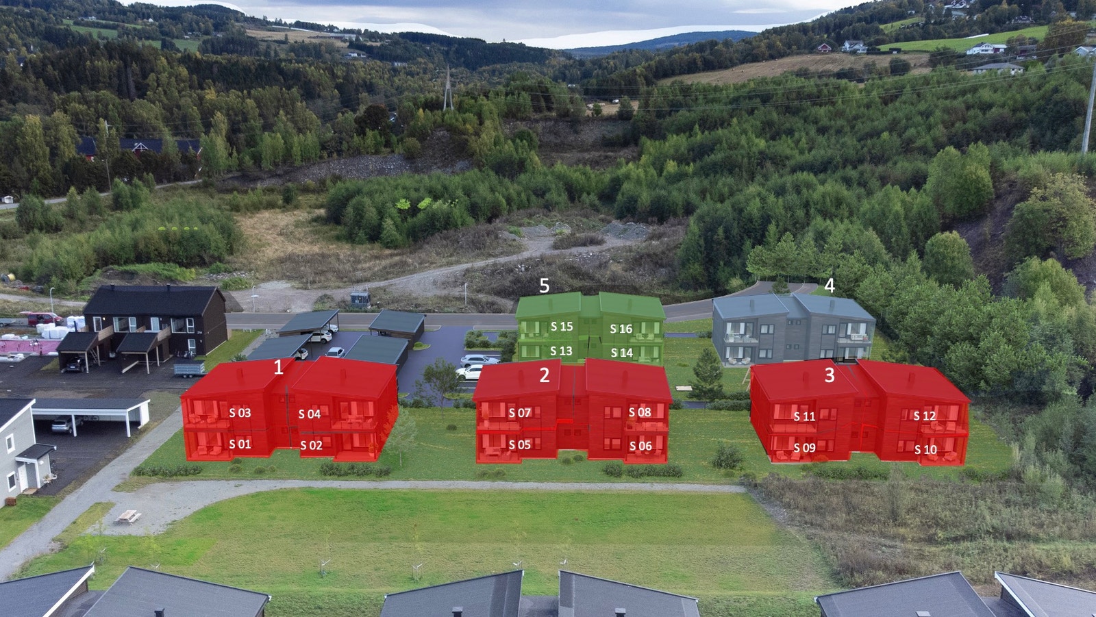 Ledige enheter er merket med grønt. Solgte med rødt og gråblå er senere salgstrinn