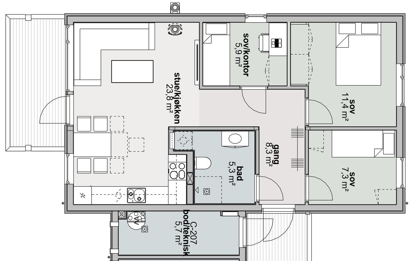 Leilighet m/3 sov. (alt).