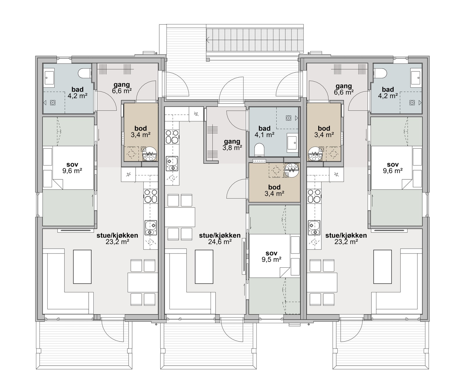 Planløsning 6-mannsbolig. fra 48m² (2 etg.)