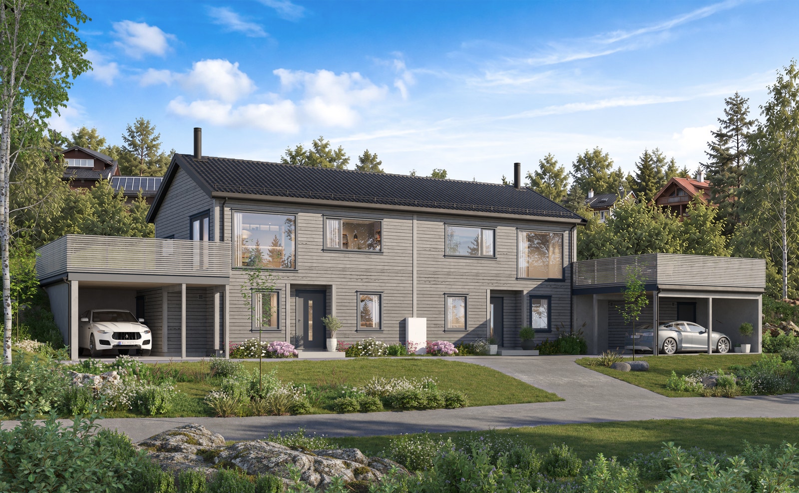 En tidsriktig bolig med carport og stor terrasse.