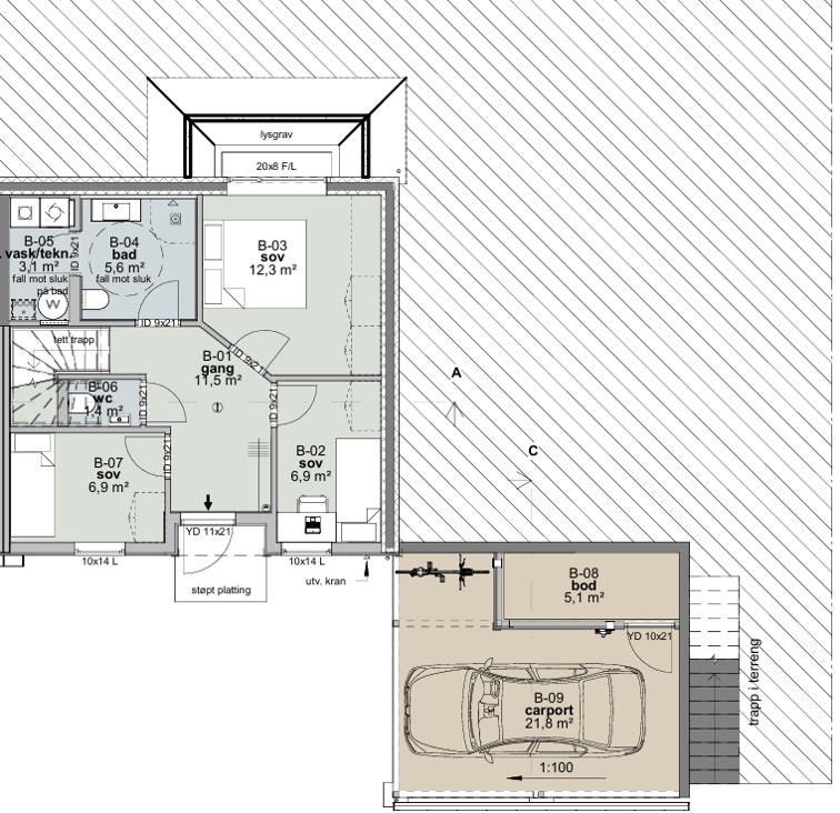 Plantegning 1. etasje Hus B