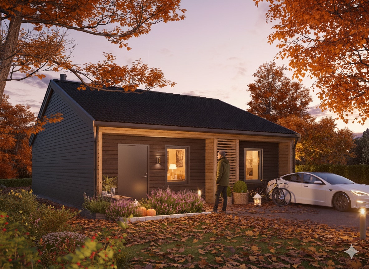 Ai manipulert illustrasjon av boligen. Merk at medfølgende carport ikke er visualisert på illustrasjonen