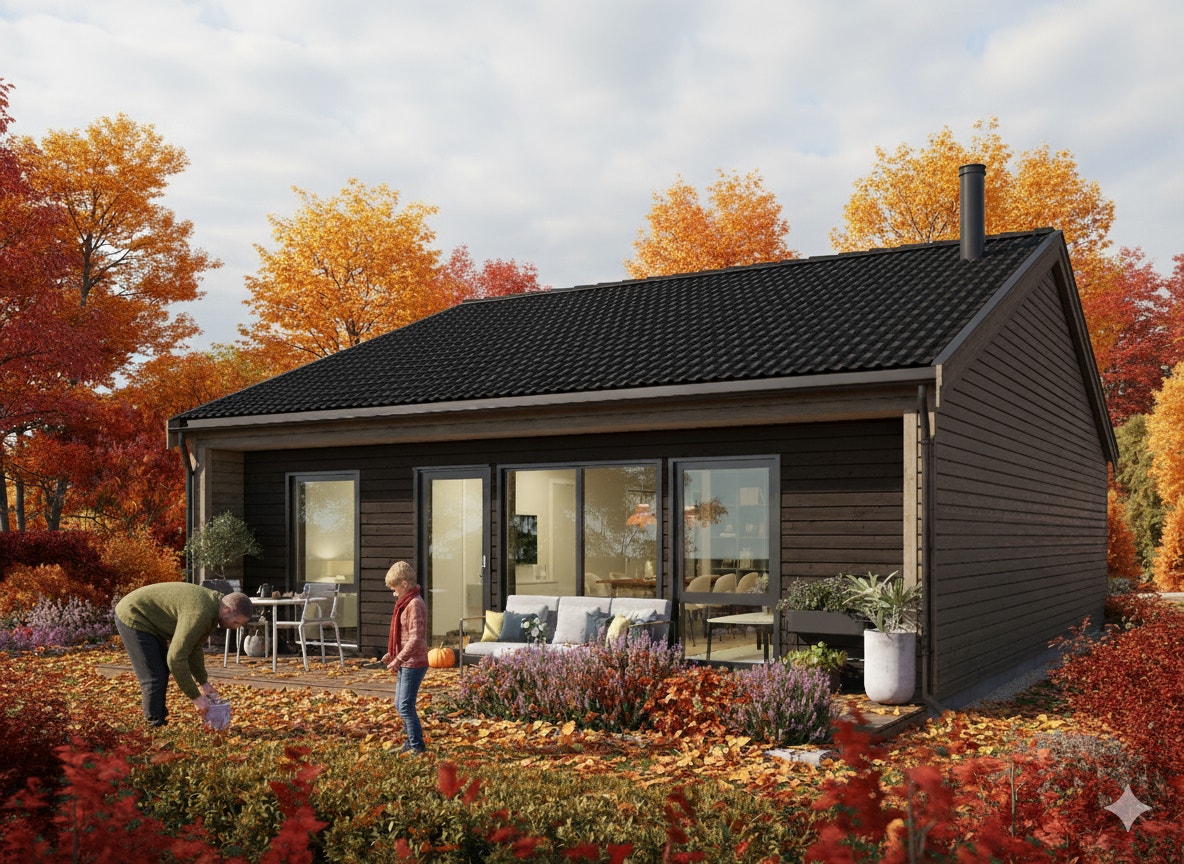 Ai manipulert illustrasjon av boligen. Merk at medfølgende carport ikke er visualisert på illustrasjonen
