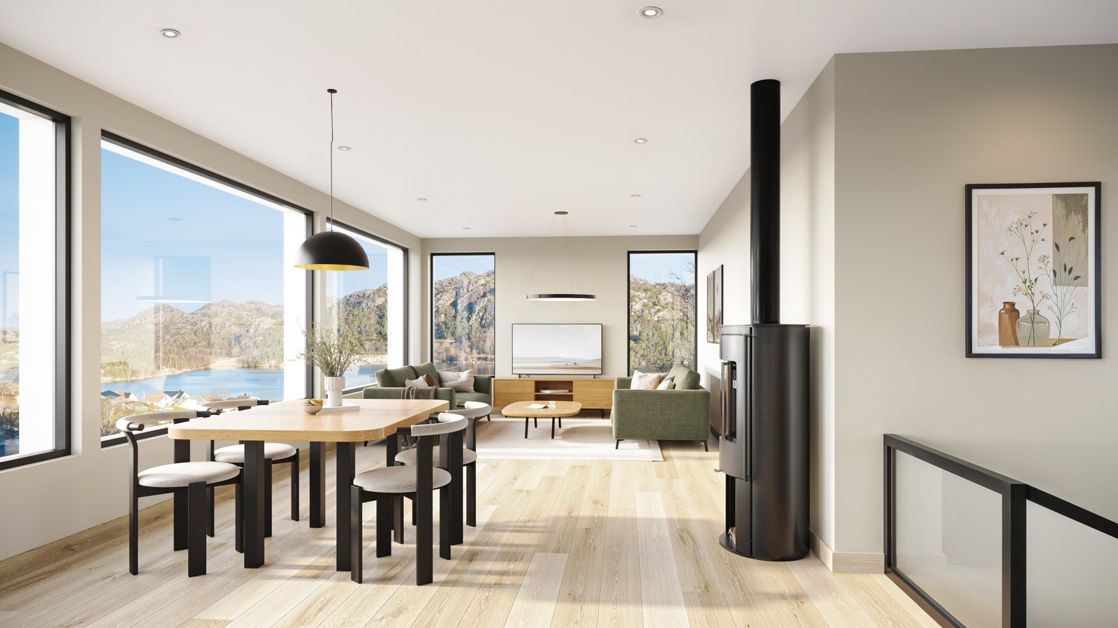 Innholdsrik stue med store vinduer