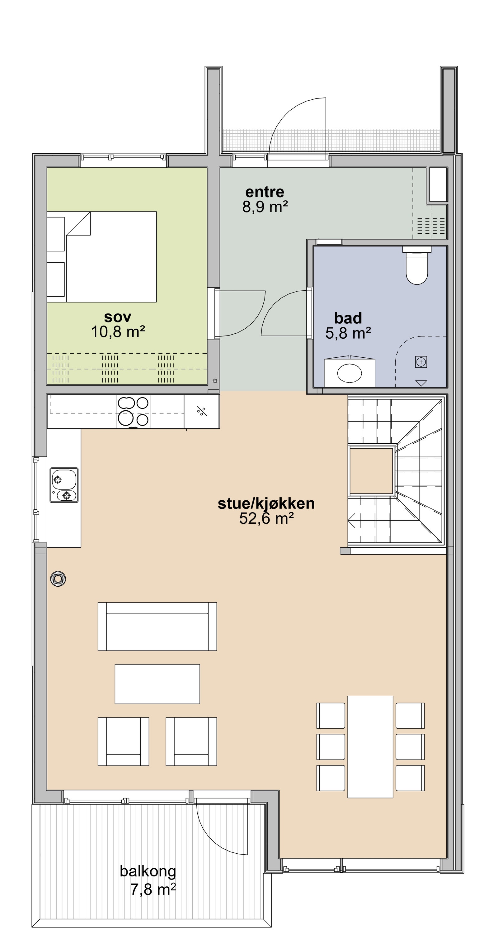 Hovedplan med entré, bad, sov og kjøkken allrom/ og stue