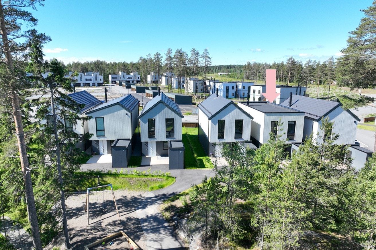 Lekeplass for barna ved et lite skogsområde bak huset