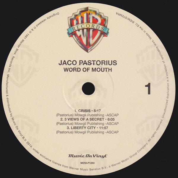 LP Jaco Pastorius Word Of Mouth MOVLP1260 WARNER 未開封 /00260 Jaco Pastorius / ジャコ・パストリアス「WORD OF MOUTH / ワード