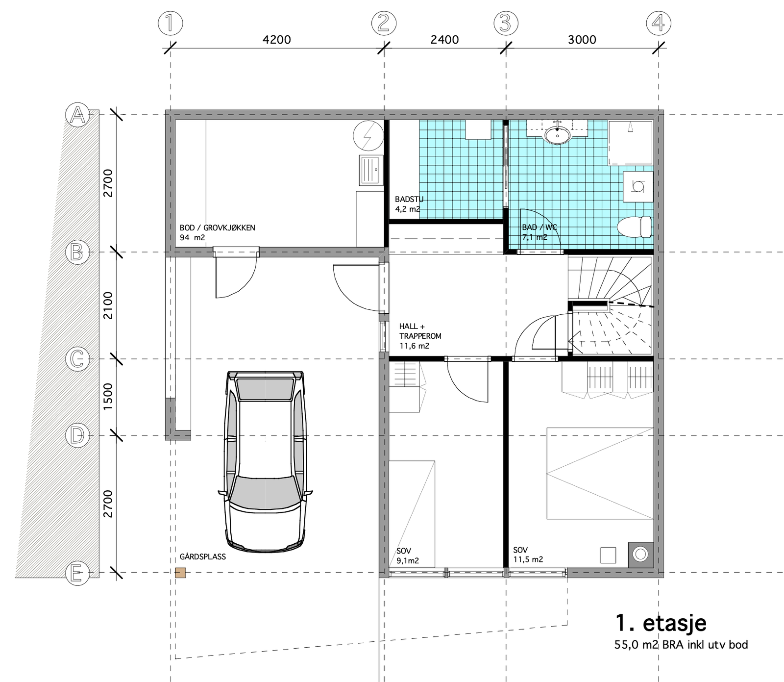 Grunnplan m/bod, bad, soverom, badstu (kan evt. omgjøres til ekstra soverom) Galleribilde