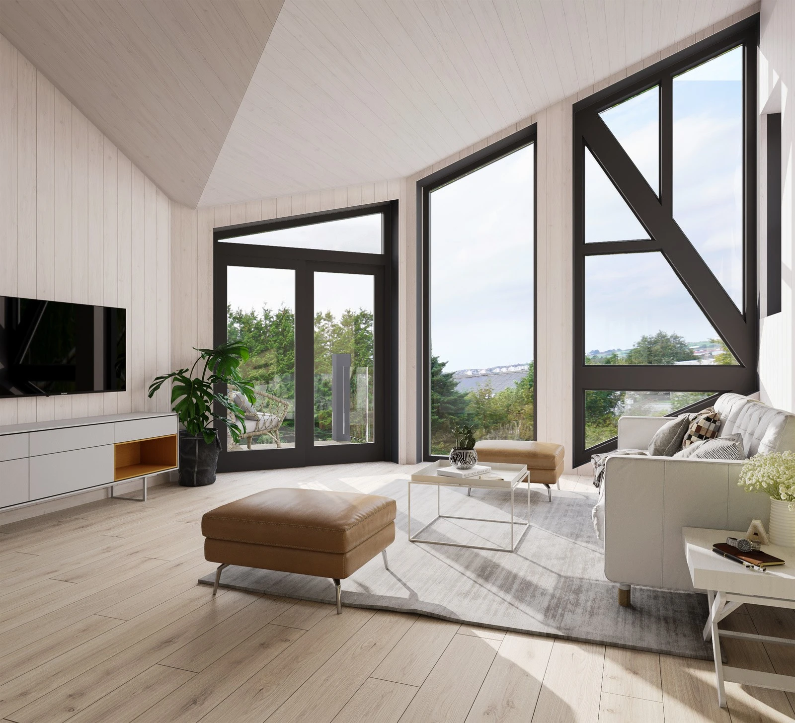 Illustransjonsbilde stue. Det blir vannbåren varme i leilighetene (bergvarme). Utgang til vestvendte balkonger/uteplasser. Galleribilde