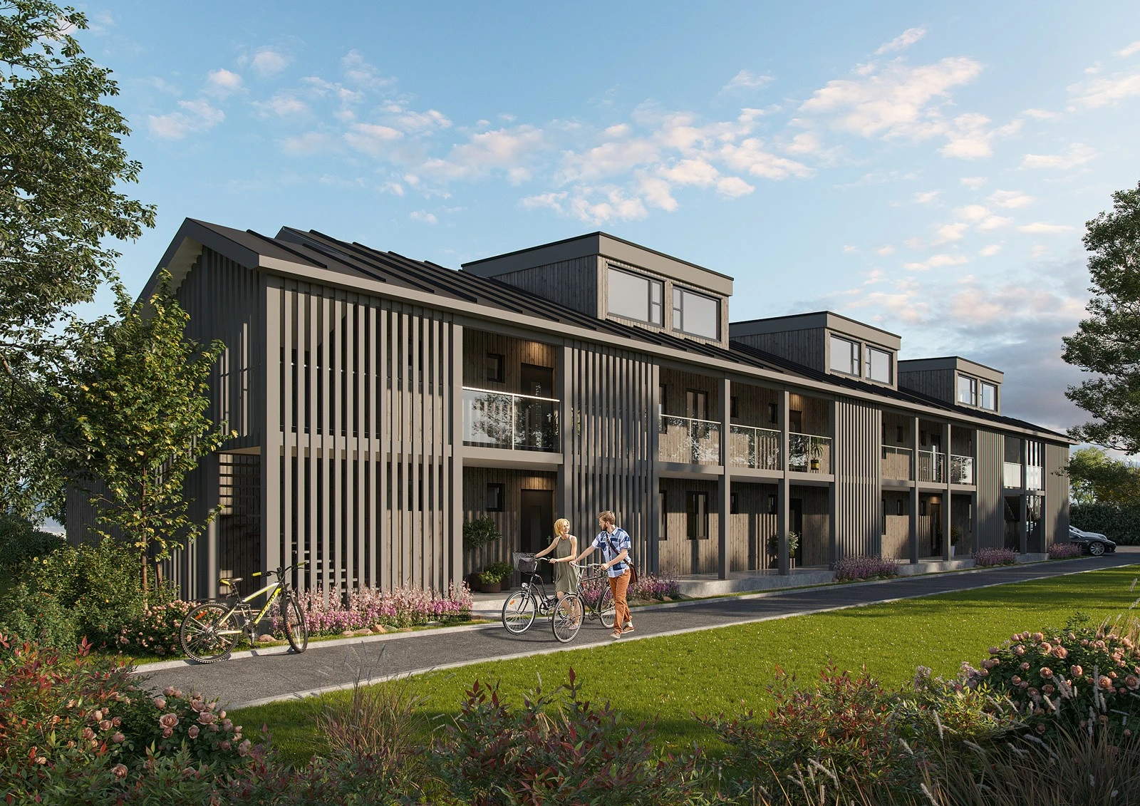 Bygget har svalganger på baksiden. Det vil også kommet et garasjebygg på baksiden i tillegg, hvor man kan kjøpe garasjeplass med sportsbod. (Takoppløftene på bygningen blir fjernet i byggetrinn 2) Galleribilde