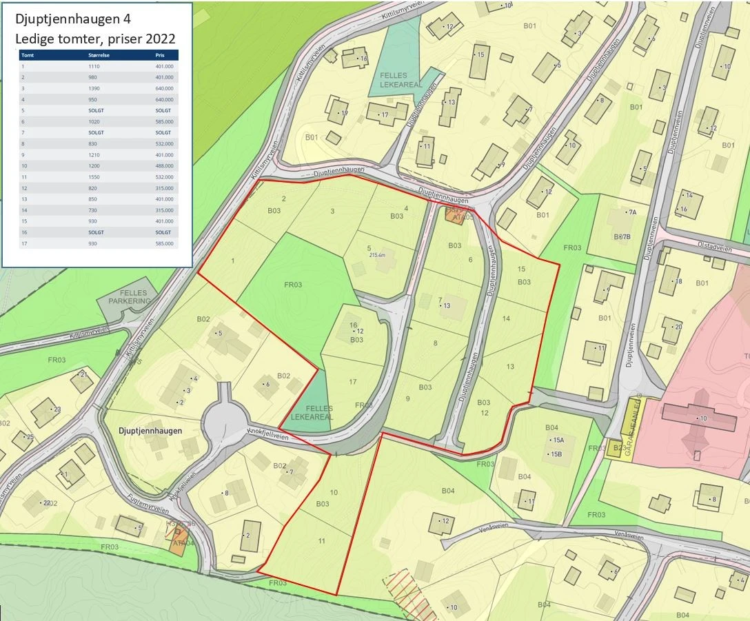 Djupptjennhaugen IV: Kart som viser ledige tomter og tomtepriser (juli 2022) Galleribilde