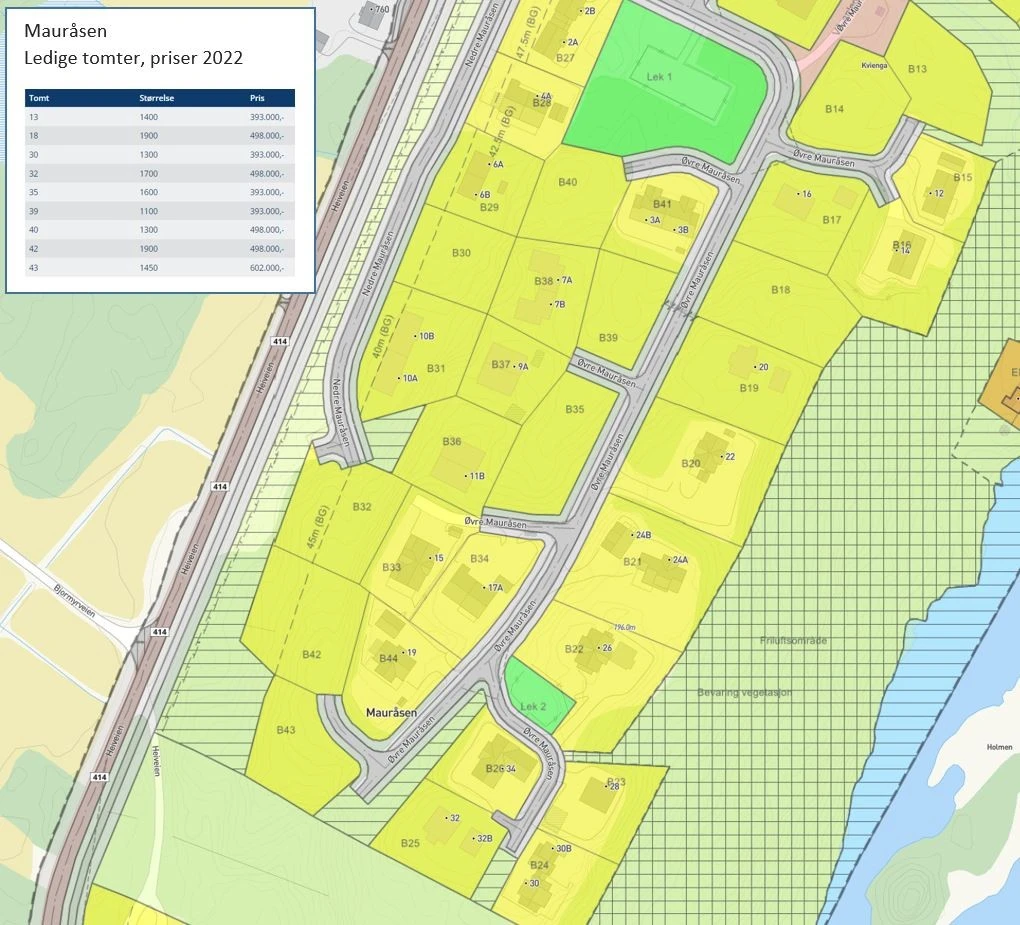 Kart med tilgjengelige tomter på Mauråsen (juli 2022) Galleribilde