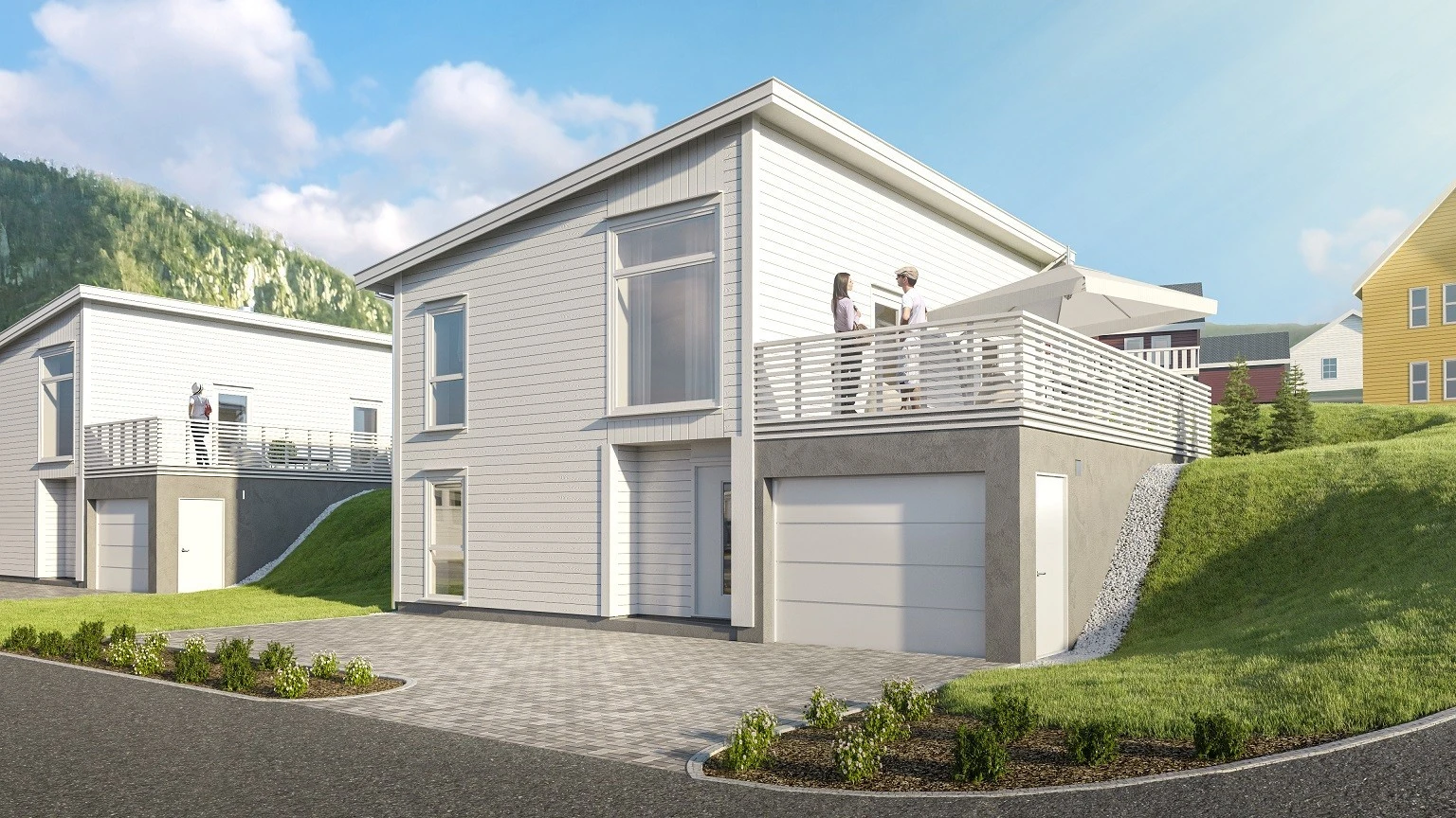 Fasaden på prosjektert enebolig, for illustrasjon. Galleribilde