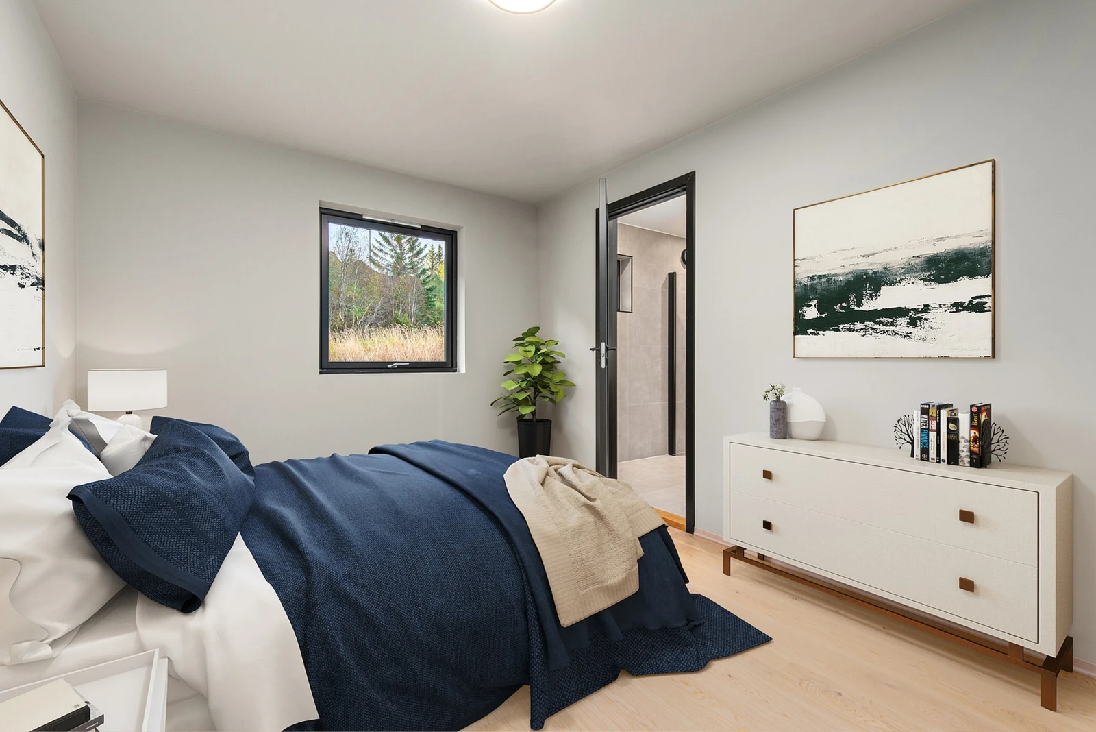 Hovedsoverom 1 på 11,4 kvm. m/en suite baderom. Virtuell styling. Galleribilde