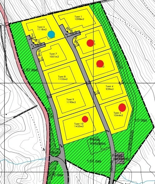 Tomter merket rødt, solgt. Tomt merket blå, 3 mannsbolig, spør oss om denne dersom du er interessert i dette. Galleribilde