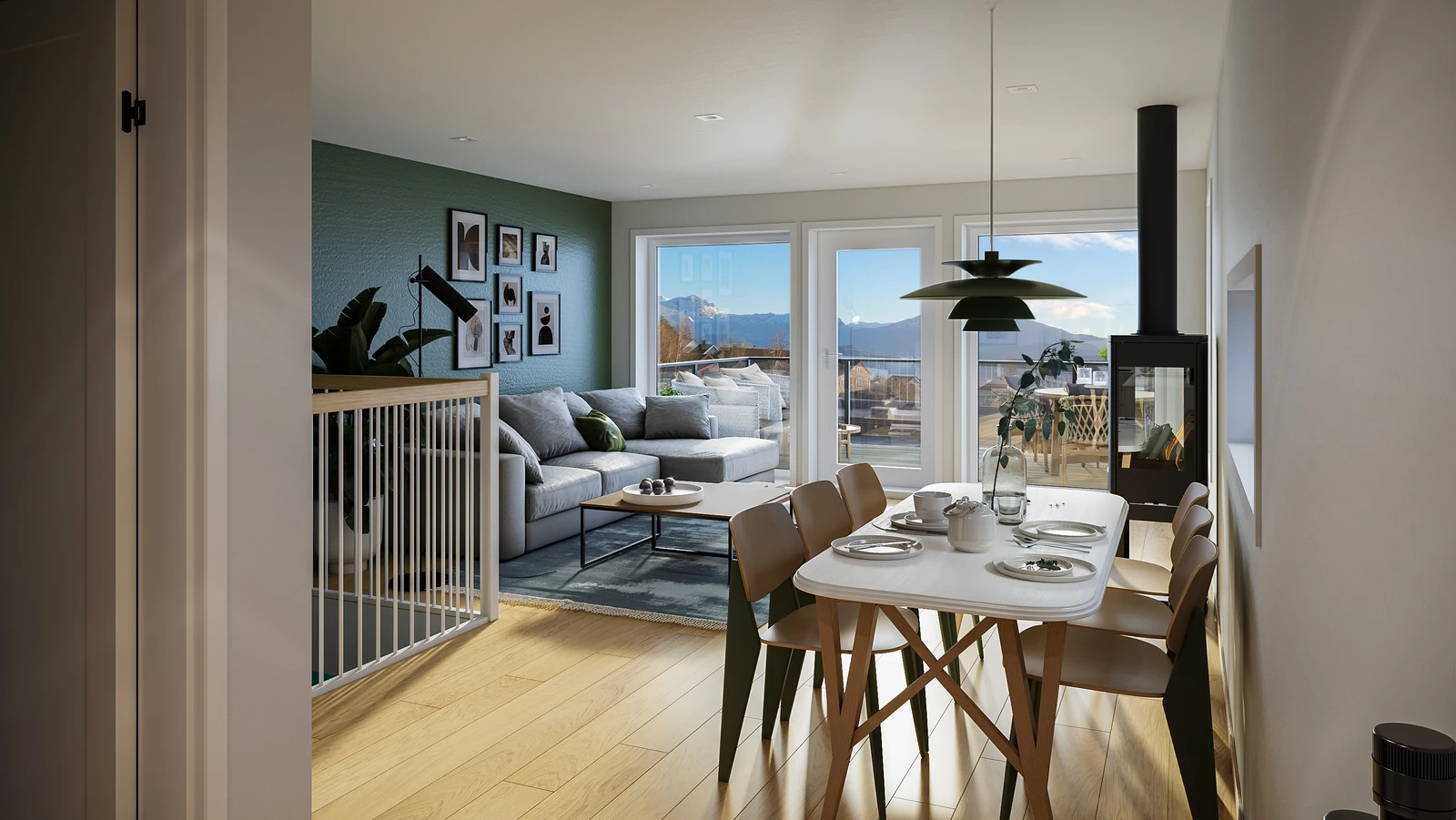 Open planløysing i stova med utsikt mot sør. Galleribilde