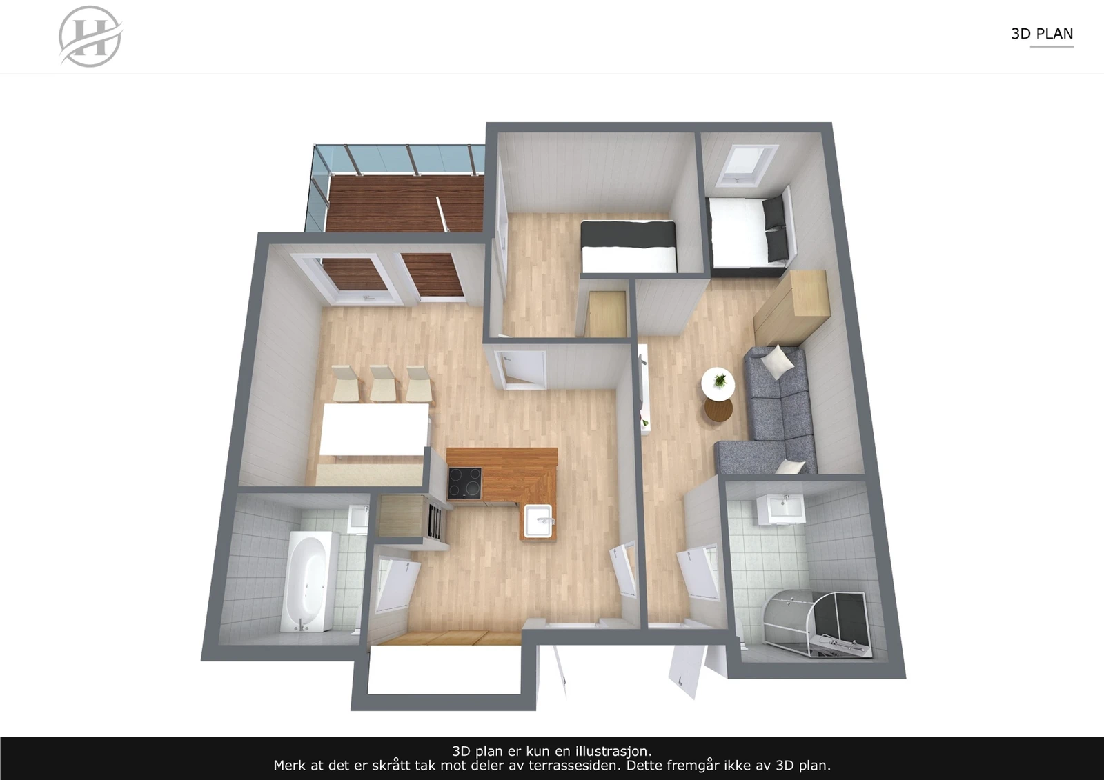 To bad - to sov med mange møbleringsalternativ og åpen kjøkken/stueløsning. Galleribilde