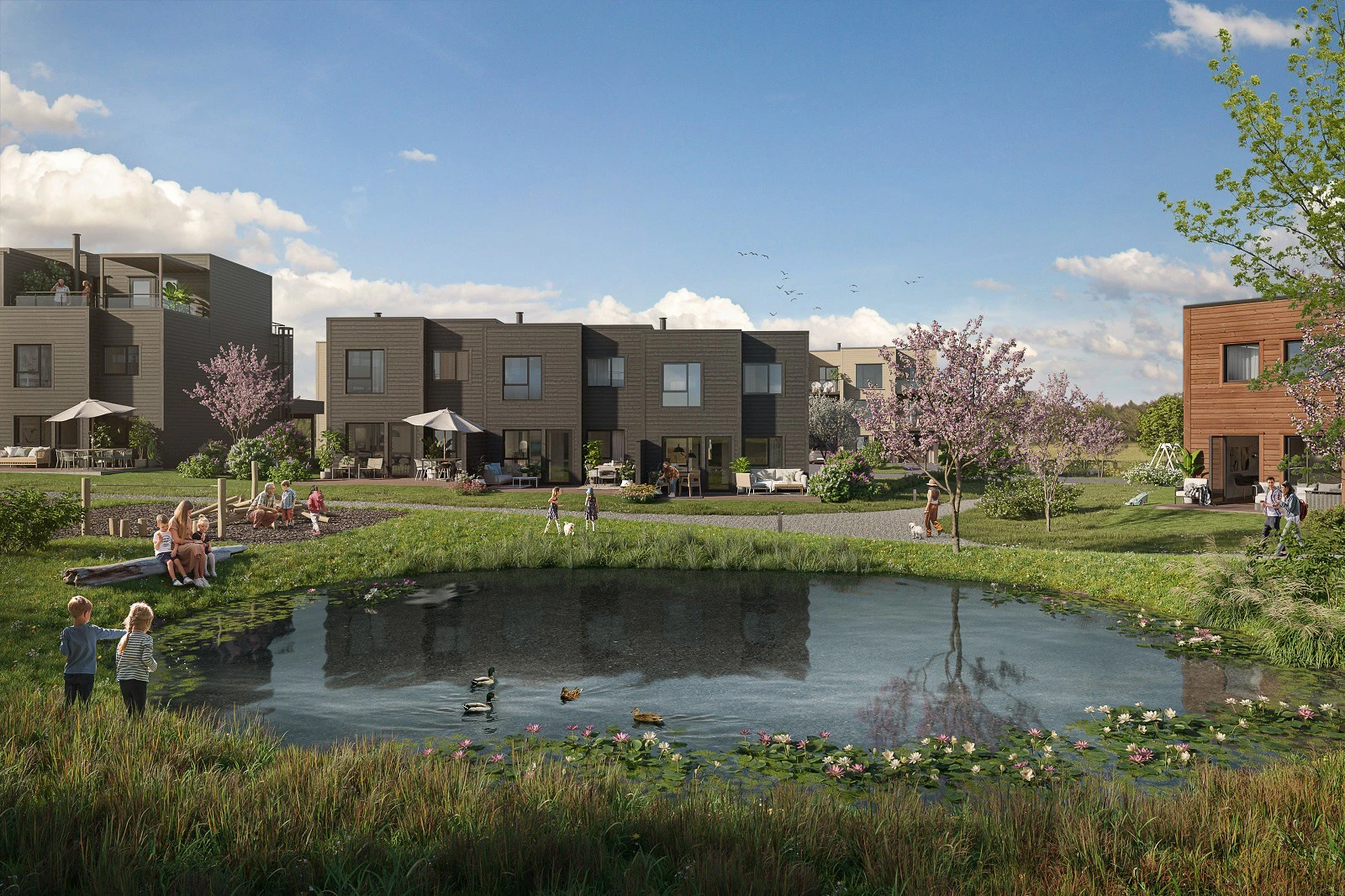 Boligene får en fin beliggenhet til felles grønstområde - her vises hus 76-78 Galleribilde