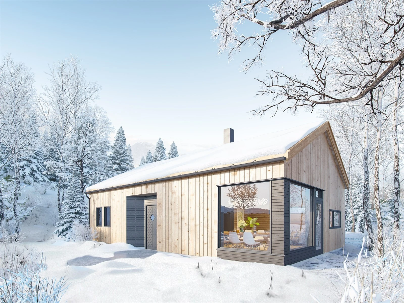 Illustrasjonen viser hyttetypen Trud Moderne fra Berge Sag og Trelast AS som kan bygges på tomt:12.
Denne hytten har en BRA på 71 kvm
og 3 soverom. Se mer: https://bergesag.no/modeller/trud-moderne/ Galleribilde