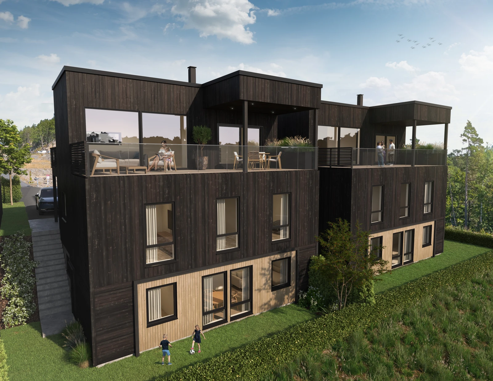 Innholdsrik bolig i tre etasjer med delvis overbygd takterrasse Galleribilde