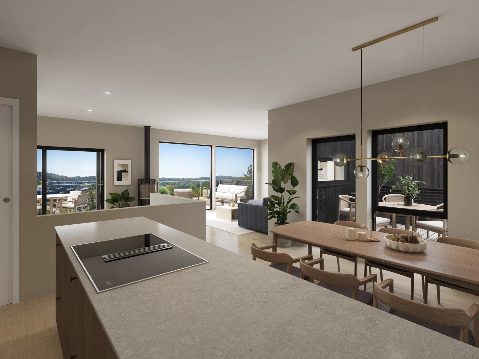 Luftig stue og kjøkken med store vinduer, flott utsikt, ekstra takhøyde gir følelsen av gode rom Galleribilde