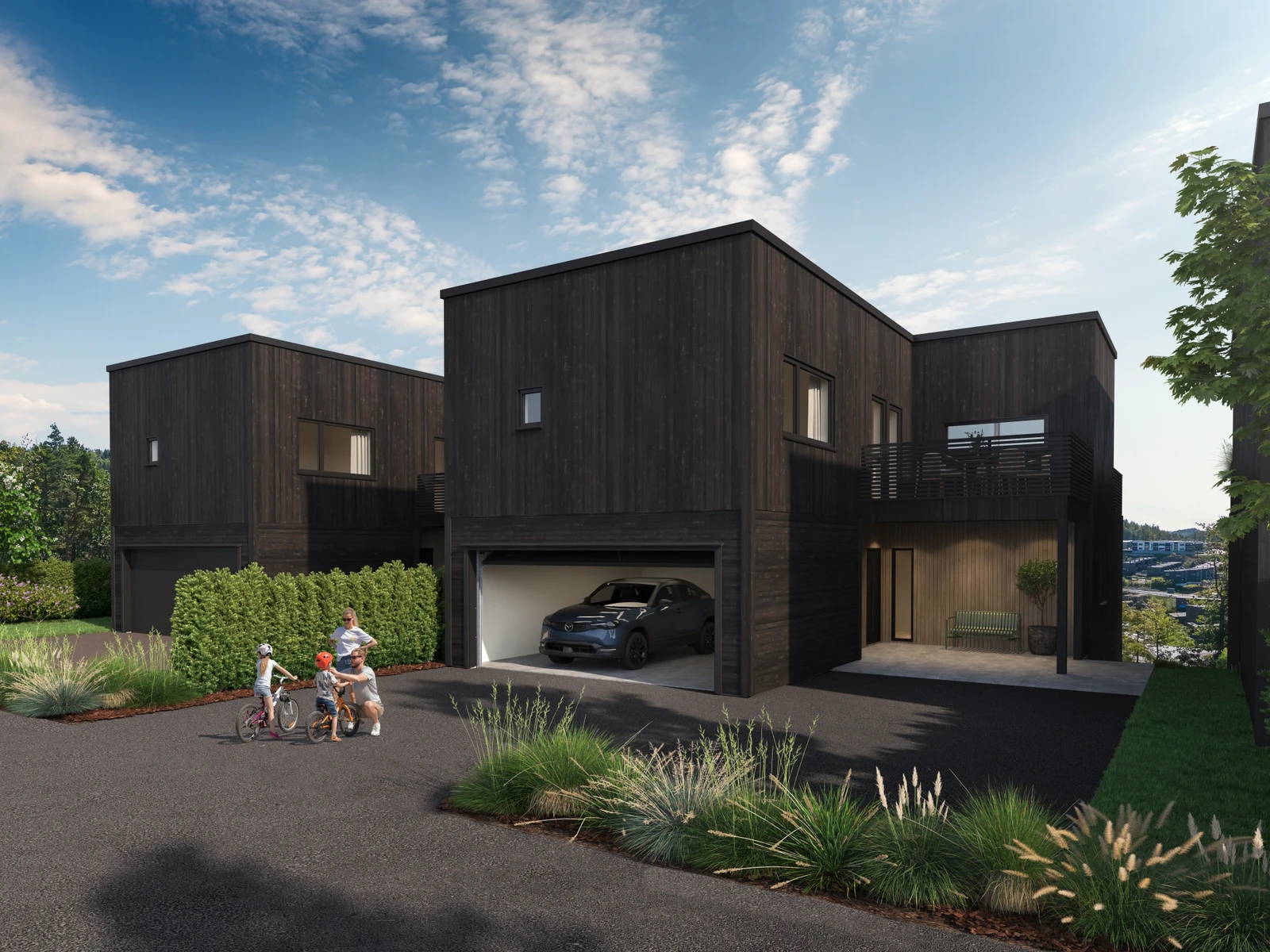 Dobbel garasje mot gata og overbygd inngangsparti Galleribilde