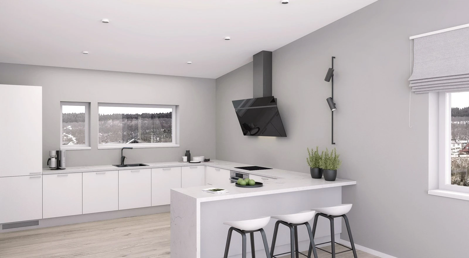 Illustrasjon kjøkken. Innredninger (kjøkken, bad og vaskerom) blir levert fra HTH. For øvrig er standard leveranse med klikkvinyl, smartpanel og arbor plater i de fleste rom (avvik fra illustrasjoner). Galleribilde