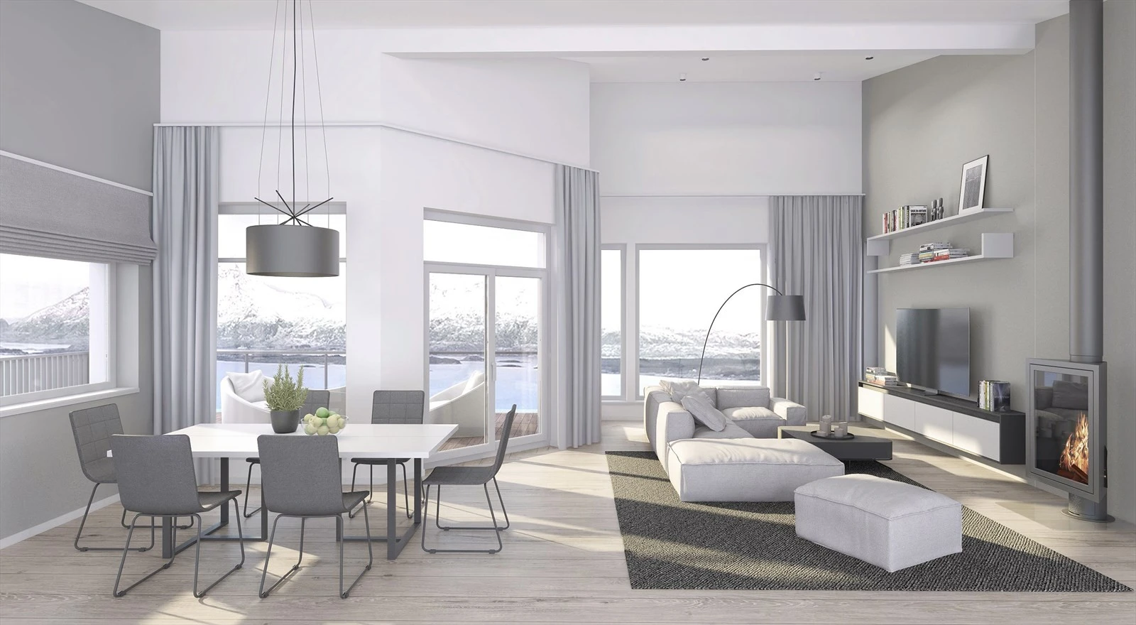 Illustrasjon stue. I tillegg til en romslig stue i 2. etasje vil det bli en kjellerstue i sokkeletasjen, ideell som lekeområde for barna eller som en hyggelig tv-stue. Galleribilde