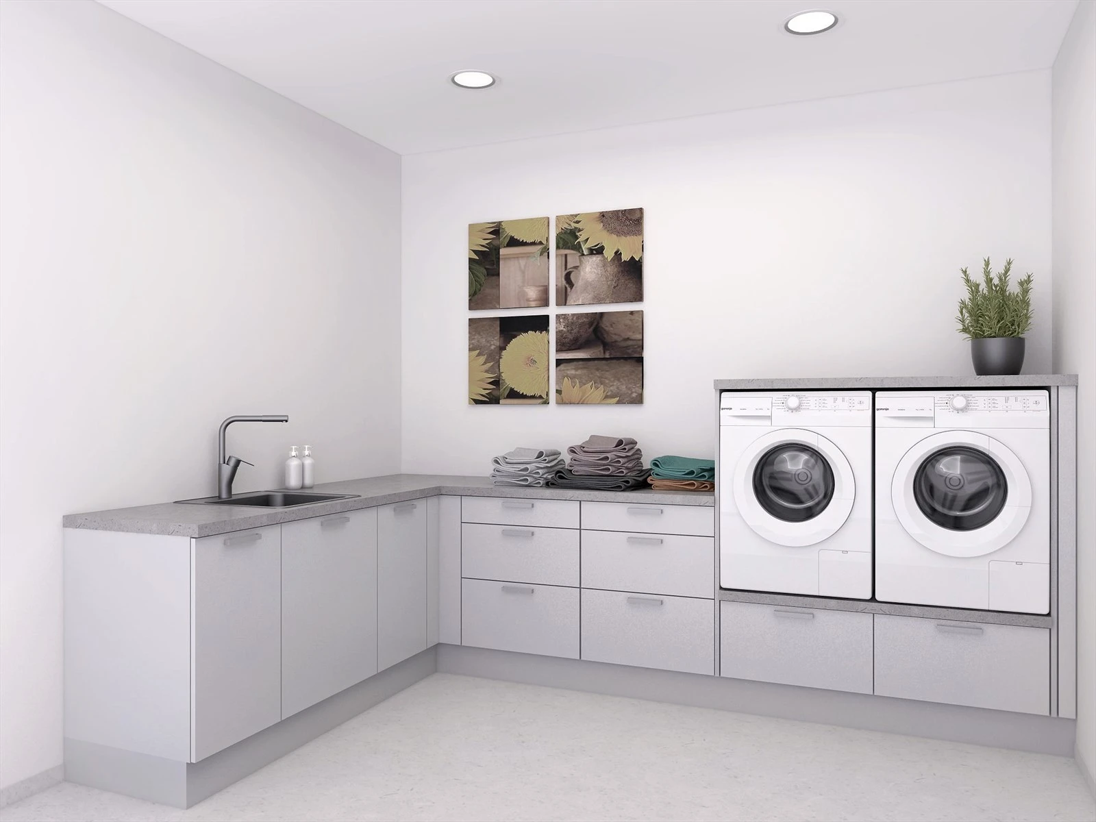 Illustrasjon vaskerom. Boligen leveres med balansert ventilasjon og oppføres iht. TEK 17. Oppvarming med varmekabler, varmepumpe og vedovn. Galleribilde