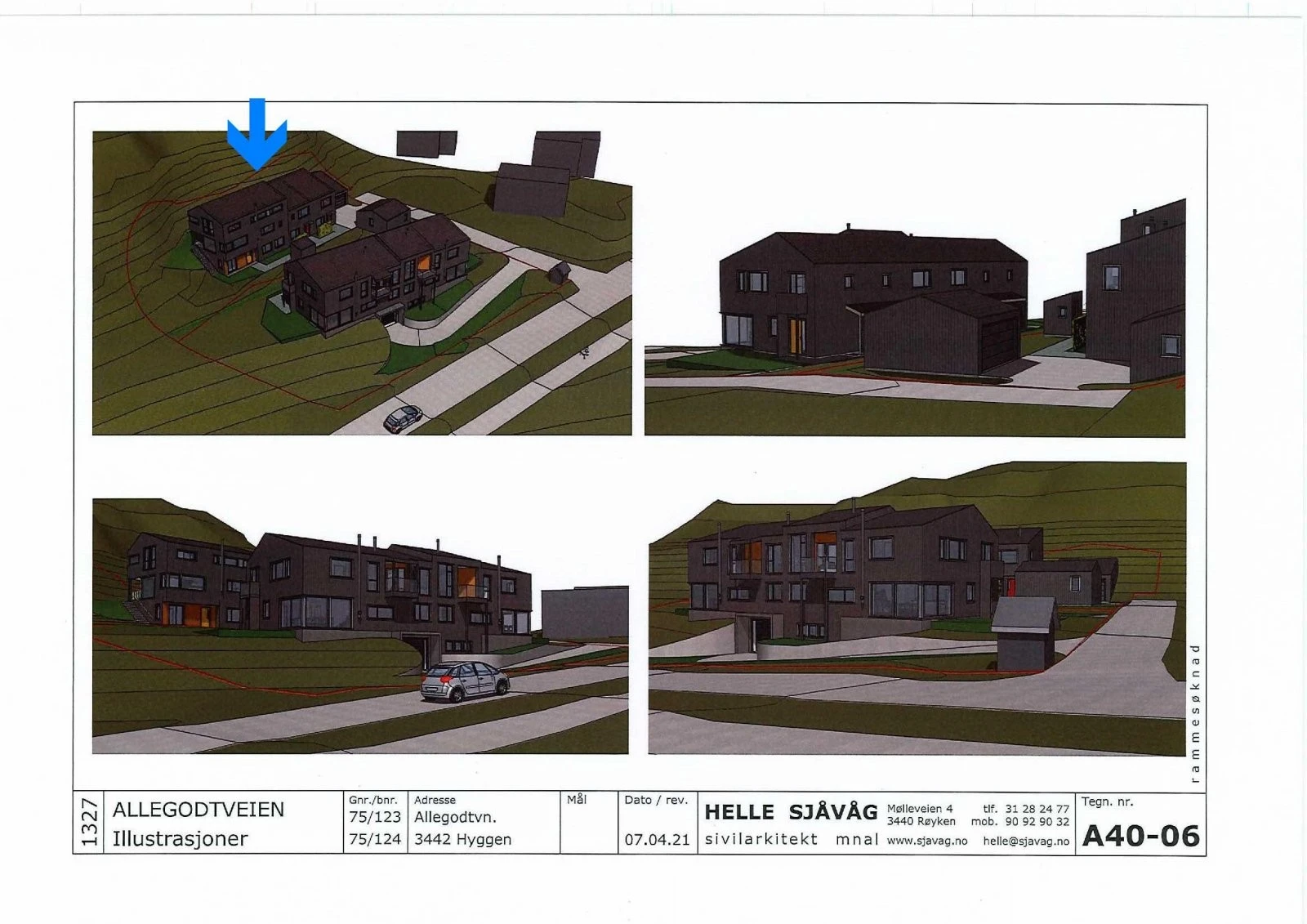 Illustrasjoner | blå pil viser hus på tomt B Galleribilde