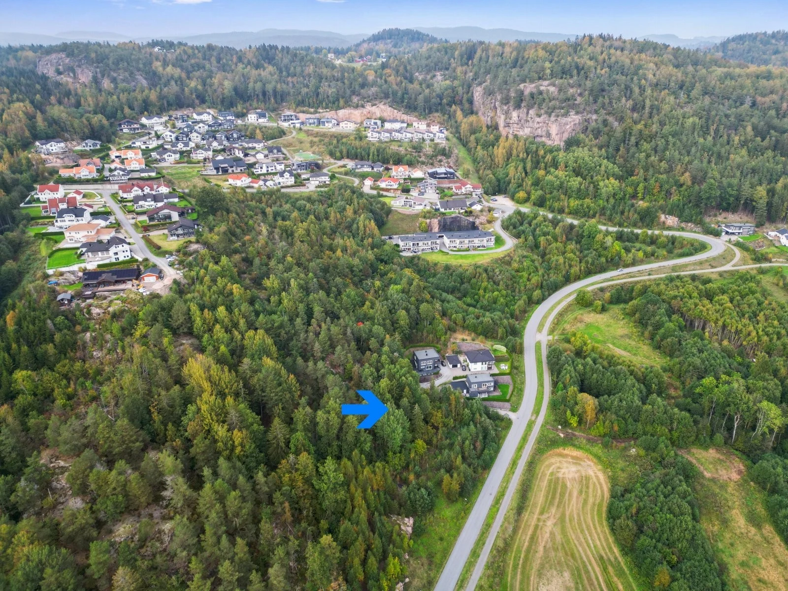 Oversiktsbilde over tomta og området | blå pil viser plasseringen av tomten (se også situasjonskart tomt B) Galleribilde