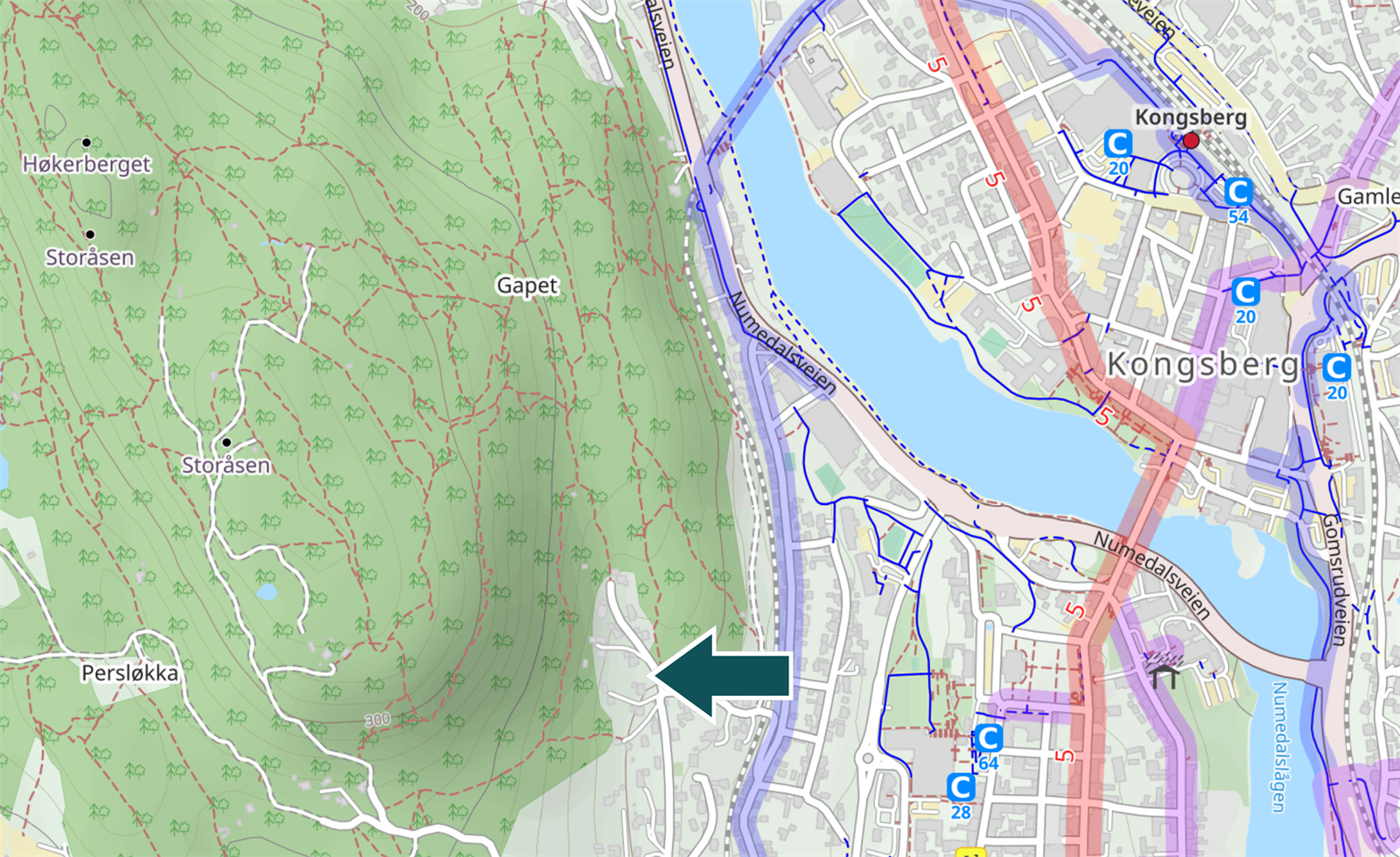 Bildet viser oversikt over nærheten til byen og alle stiene i området rundt tomten. Galleribilde