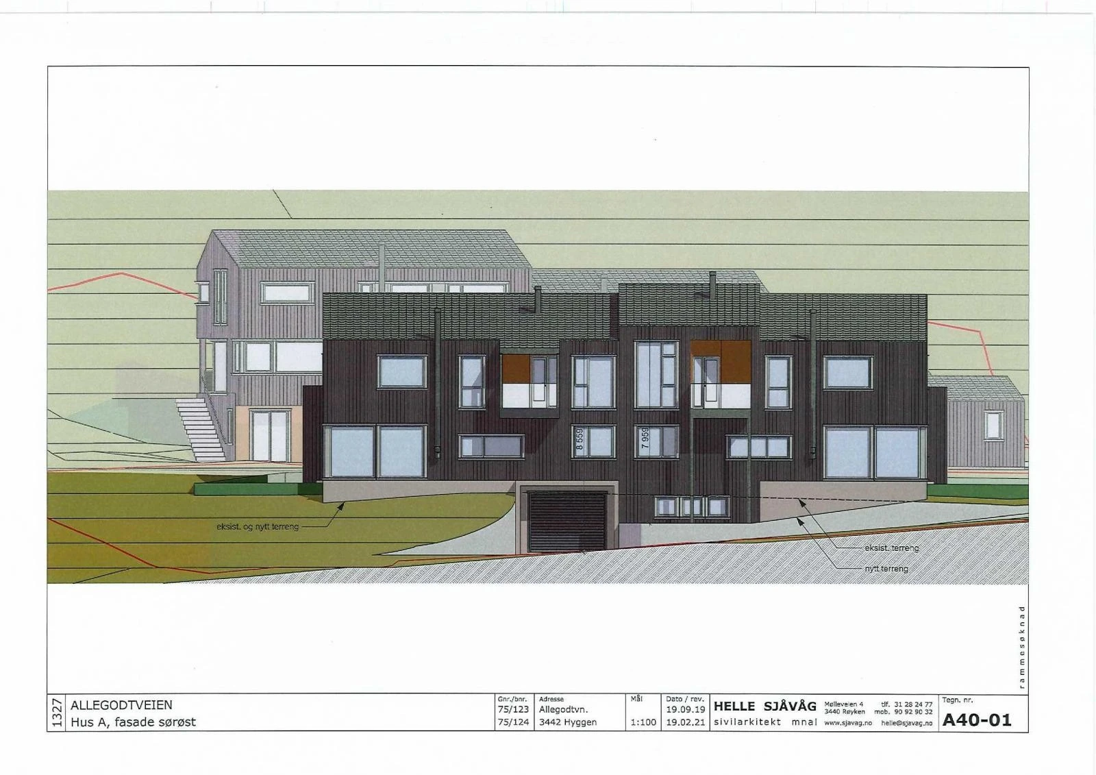 Rammetillatelse for vertikaldelt tomannsbolig | fasade mot sørøst Galleribilde