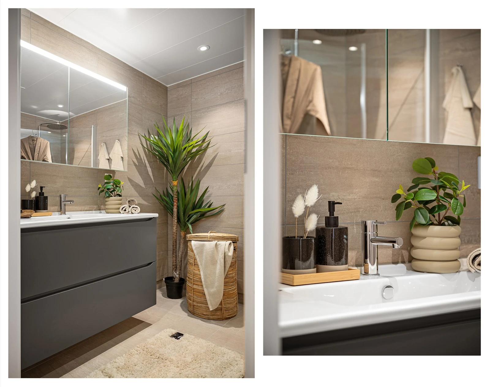 Rommet har servantinnredning, wc, dusjhjørne og opplegg for vaskemaskin Galleribilde