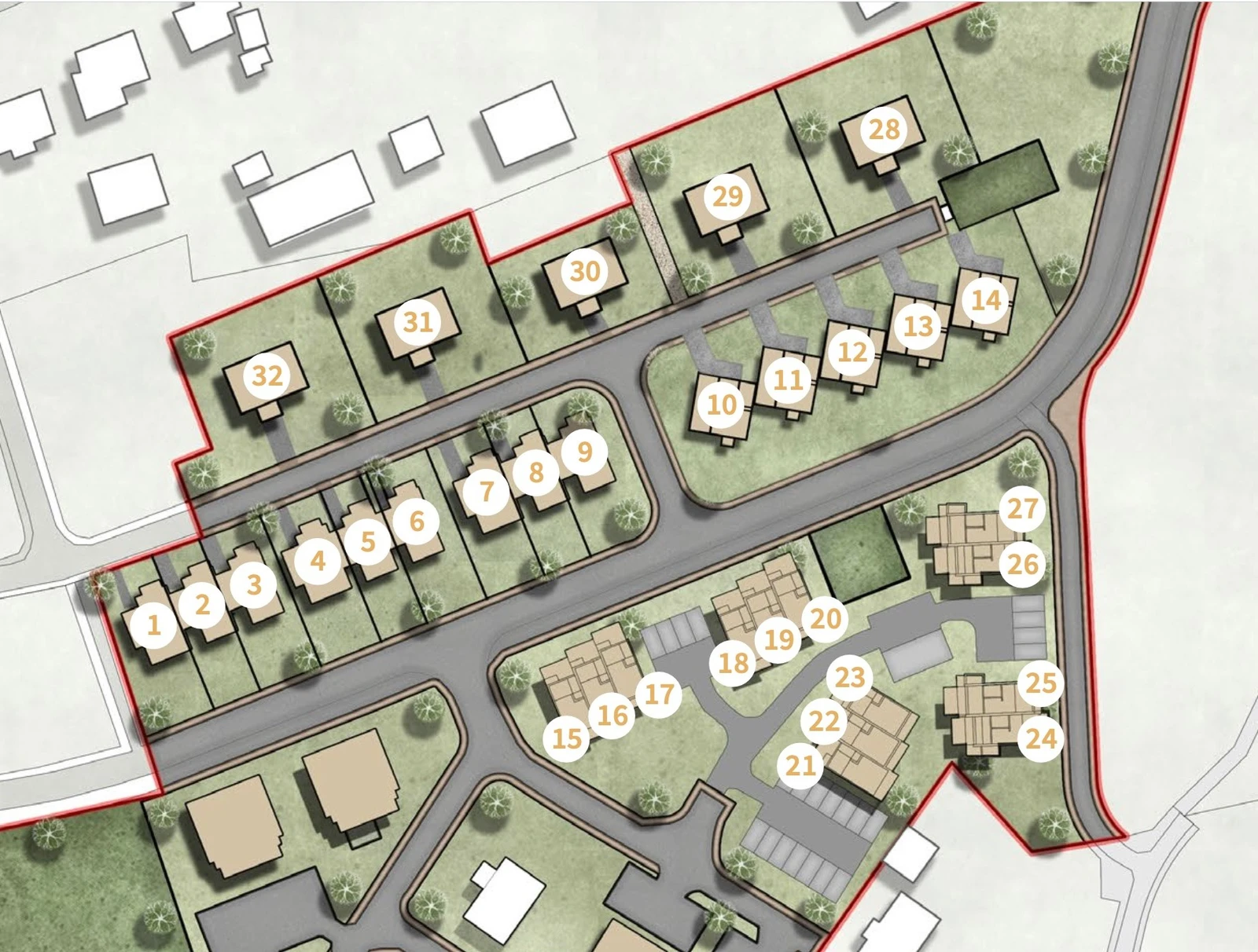 28-32 er der dei fem tomtene ligg. Oversiktsbilete over alle bustadane som kjem i Brekkane Bustadfelt. Galleribilde