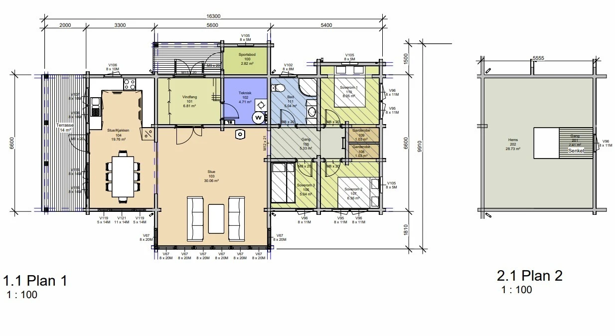 Den prosjekterte hytta er speilvendt ift. standardmodellen for å få maksimalt ut av utsikt og tomt. Galleribilde