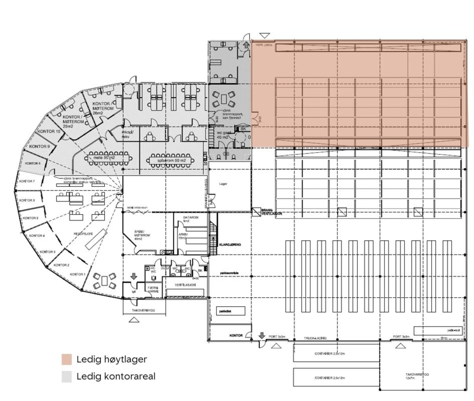 Ledig høytlager (30 x 15 meter) har ca. 10 meter takhøyde. Kjørteport er ca. 3x4 meter (bredde x høyde). Lageret er i dag utstyrt med et mobilt reolsystem for effektiv lagring, kan evt. tas ut. Galleribilde