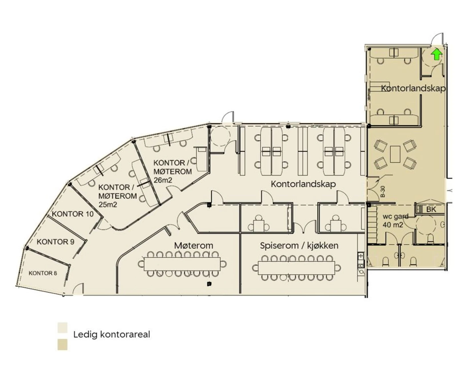 Innholdsrikt kontorareal på ca. 400 kvm, bestående av kontor, kontorlandskap, møterom, stillerom, spiserom, garderober og toaletter. Galleribilde