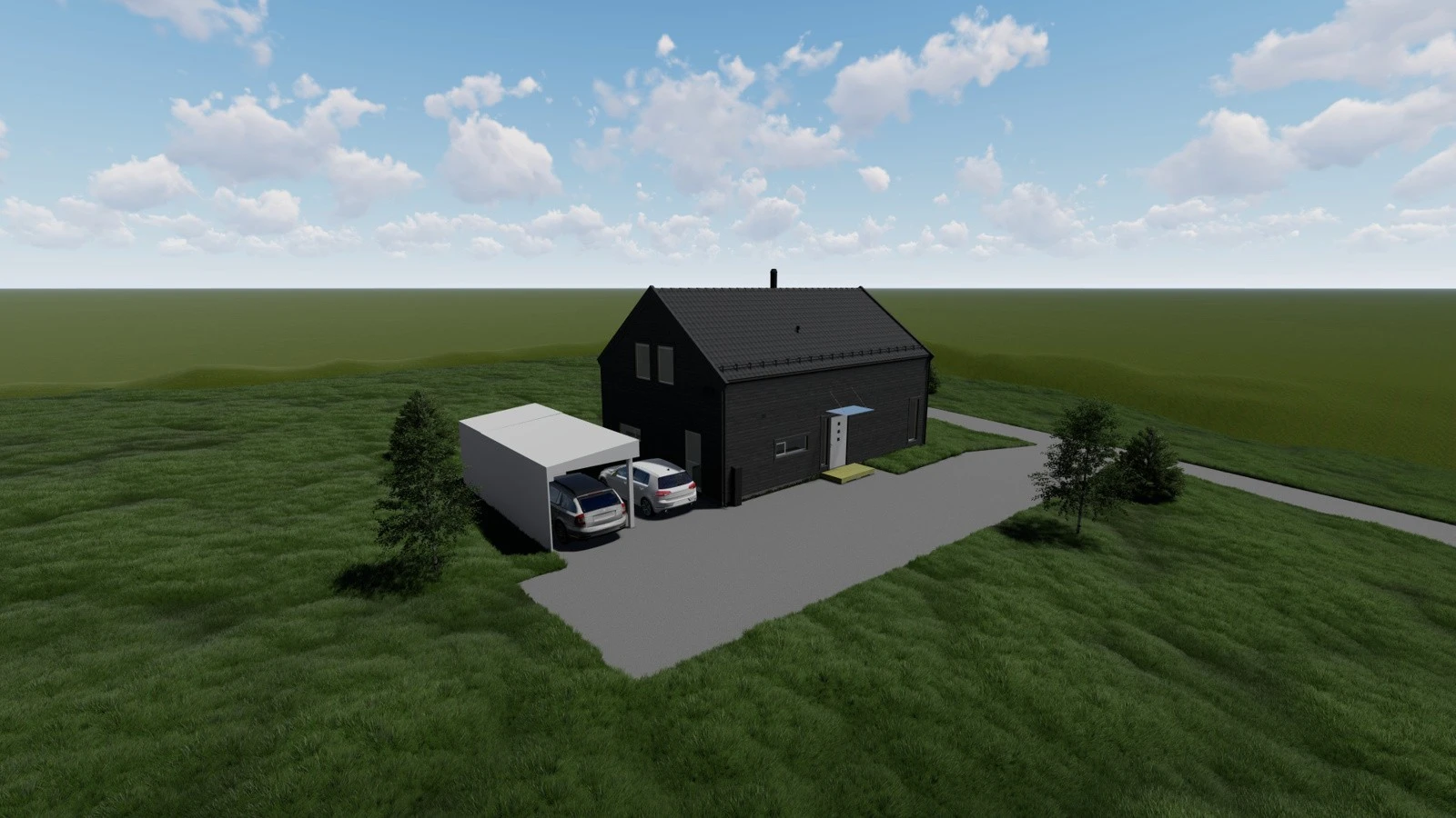 Skisse med eksempel på enebolig på tomten. ABC Hus har tegnet inn en enebolig av type Noomi på eiendommen. Eneboligen er ikke søkt om, kun skissert av ABC Hus. ABC Hus har ingen byggeklauseuler på tomten. Galleribilde