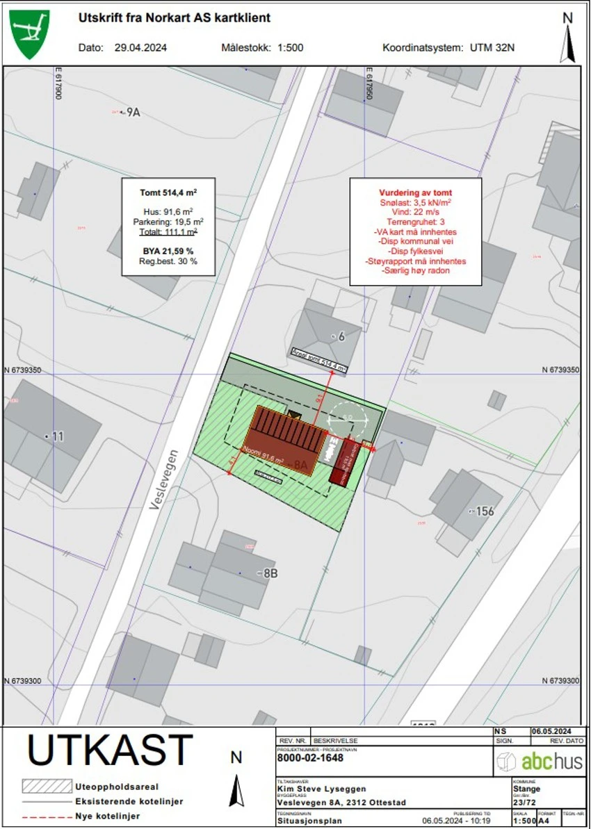 Skisse med eksempel på enebolig på tomten. ABC Hus har tegnet inn en enebolig av type Noomi på eiendommen. Eneboligen er ikke søkt om, kun skissert av ABC Hus. ABC Hus har ingen byggeklauseuler på tomten. Galleribilde