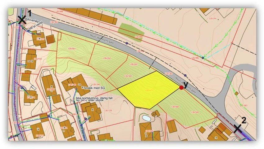 Punkt 1 og 2 viser tilkoblingspunkter for vann og avløp. Nærmeste tilkoblingspunkt for overvannsledninger er på andre siden av Major Wetlesens gate til svart stiplet ledning på bildet (ca. 10 m fra referansepunkt y). Galleribilde