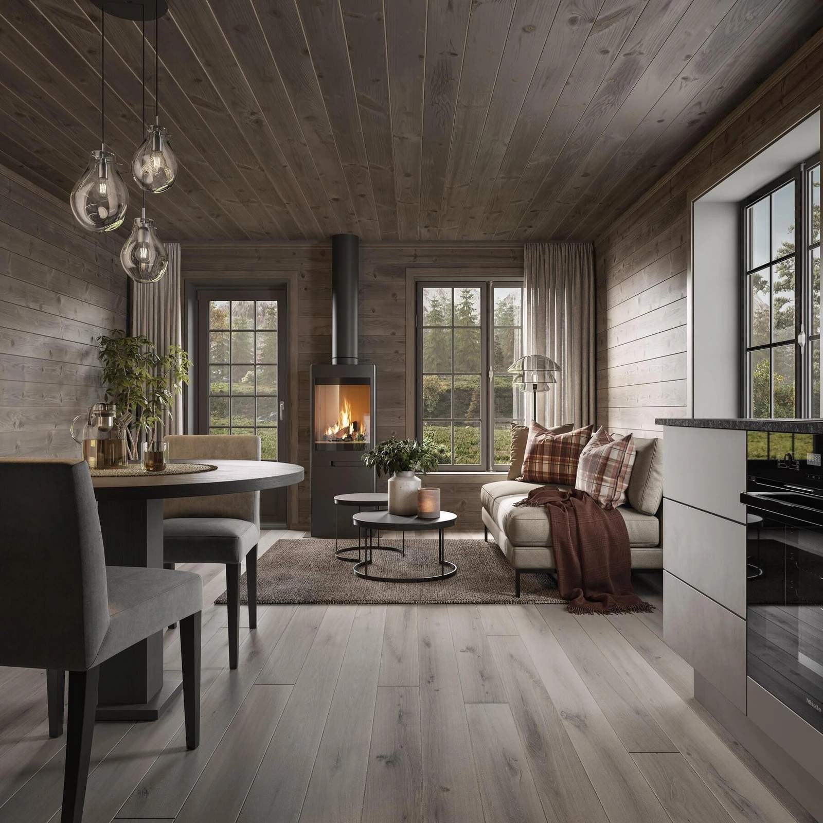 Lune, gode overflater og koselig peis!
Illustrasjon kjøkken / stue. Galleribilde