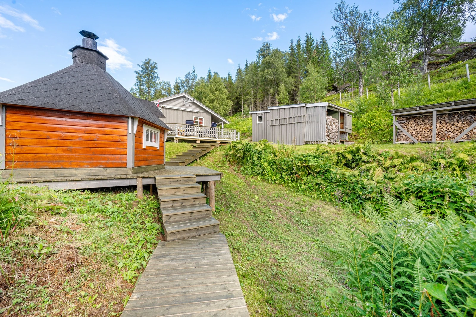 Eiendommen er svært godt utnyttet og gjennomtenkt med romslige terrasseområder og pent oppbygd gangvei mellom de ulike enhetene Galleribilde