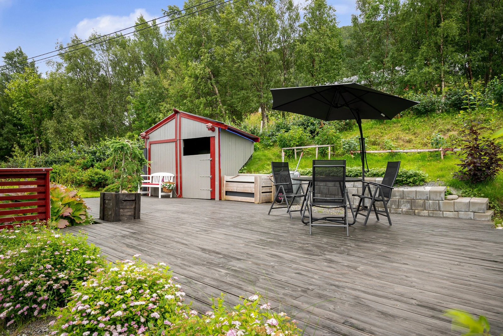 Pent opparbeidet uteområde med god plass til ulike hagemøbler. Egen plass for utegrill ved støttemur av betongblokker Galleribilde